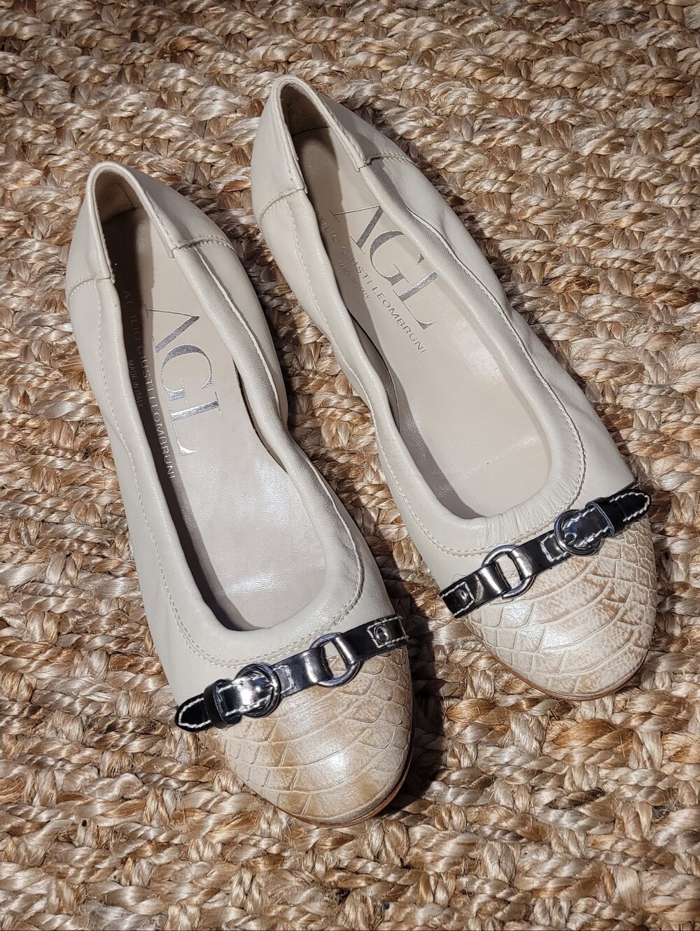AGL Italian Beige Leather Snake Print Cap Toe Buckling Ballet Flats EU 38 Office
